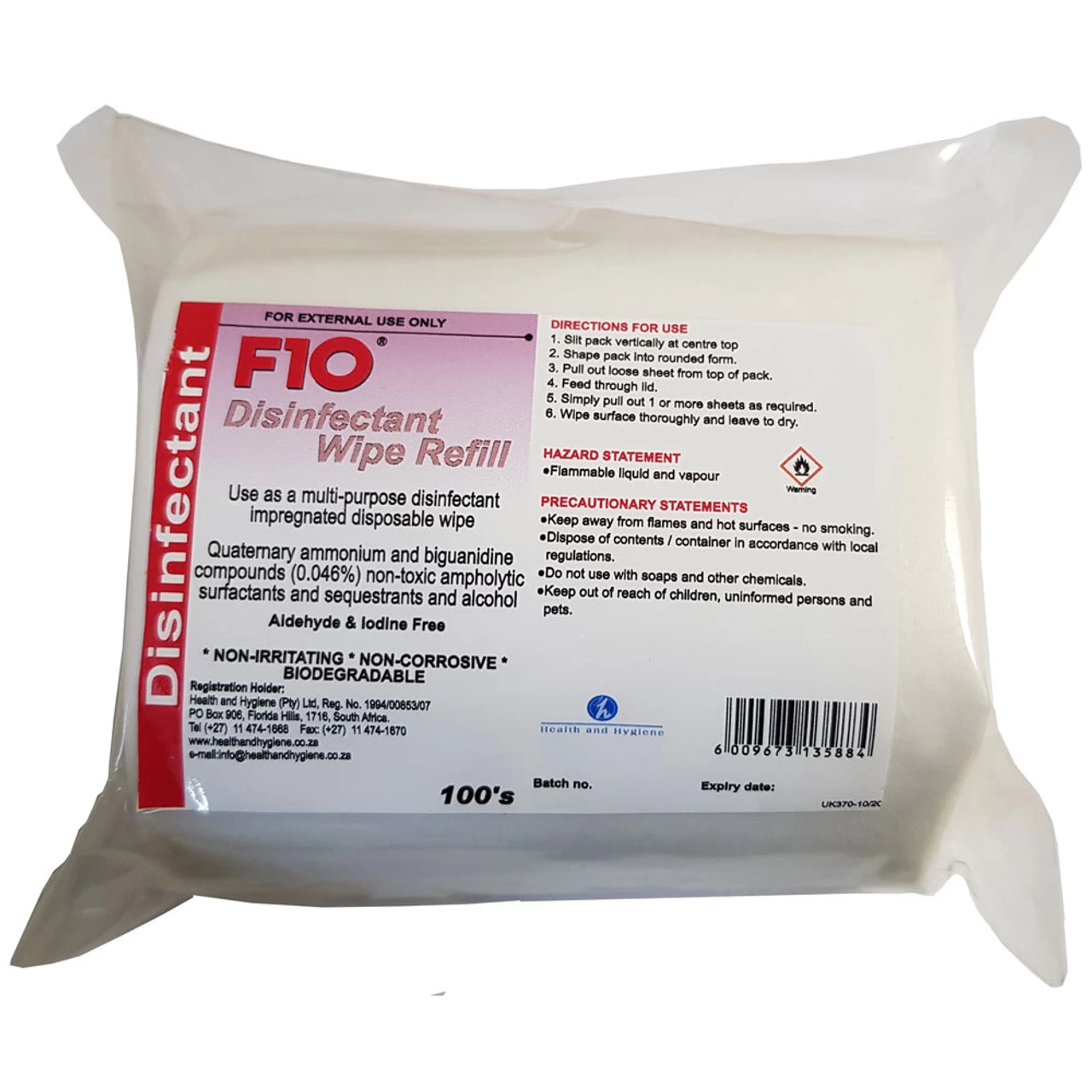 Refill Pack 100 F10 Disposable Disinfectant Wipes